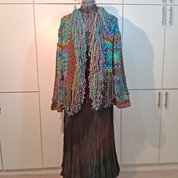 My Fairy Forrest Brown Green Turquoise Granny Square Super Fringe Sweater L/XL - Picture 5 of 16